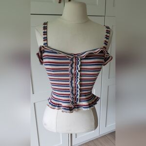 Reformation Tank Top Women S White Red Blue Stripes Trix Ruffle Crop Made in USA